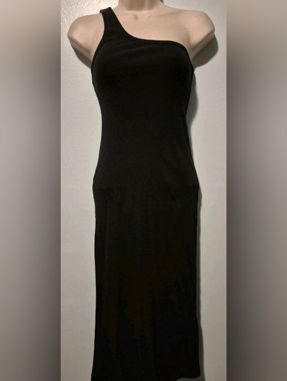 Zara Black One Shoulder Ribbed Bodycon Midi Dress Women's Sz M Vacation Stretchy